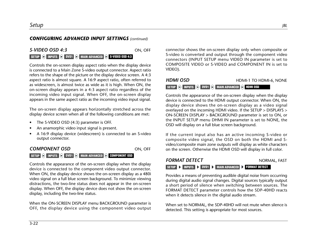 JBL SDP-40HD manual Video OSD, Component OSD, Hdmi OSD, HDMI-1 to HDMI-6, None 