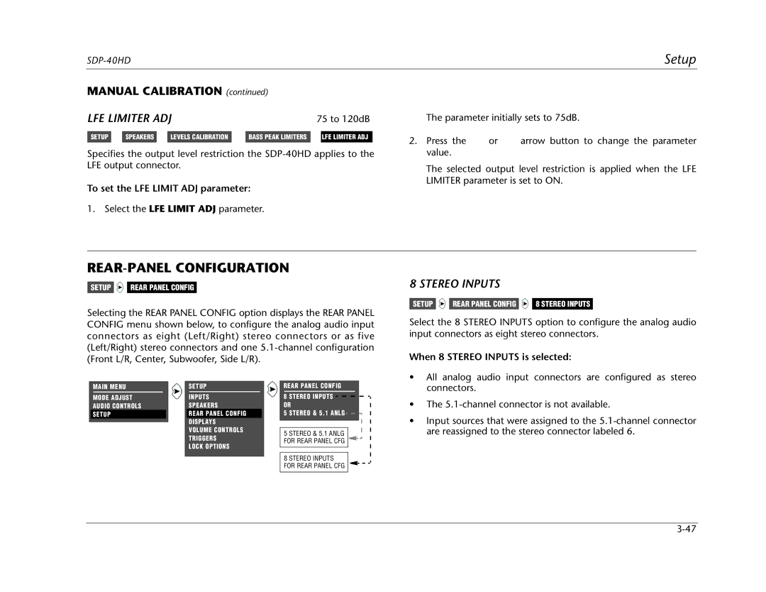 JBL SDP-40HD manual REAR-PANEL Configuration, To set the LFE Limit ADJ parameter, When 8 Stereo Inputs is selected 