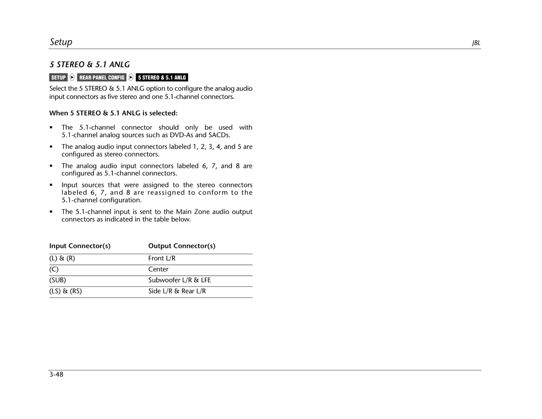 JBL SDP-40HD manual When 5 Stereo & 5.1 Anlg is selected, Input Connectors Output Connectors 