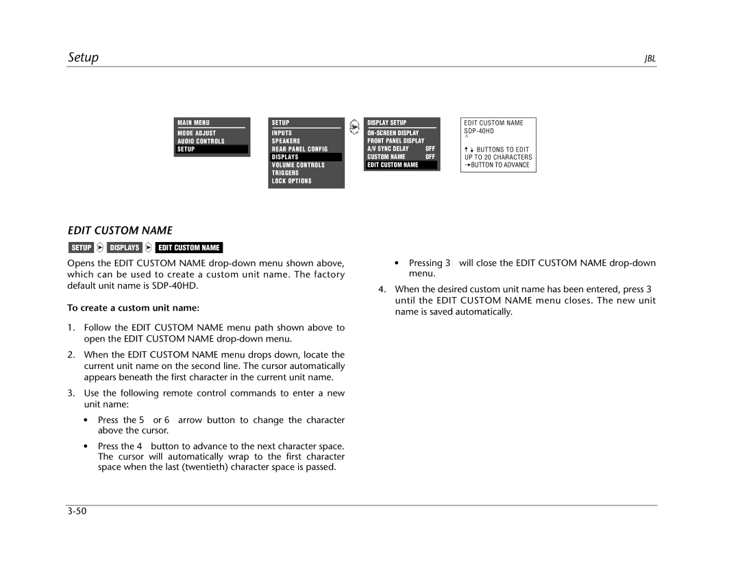 JBL SDP-40HD manual Edit Custom Name, To create a custom unit name 