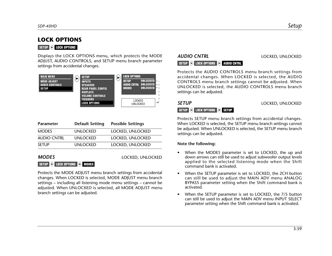 JBL SDP-40HD manual Lock Options, Modes Unlocked LOCKED, Unlocked Audio Cntrl Setup 