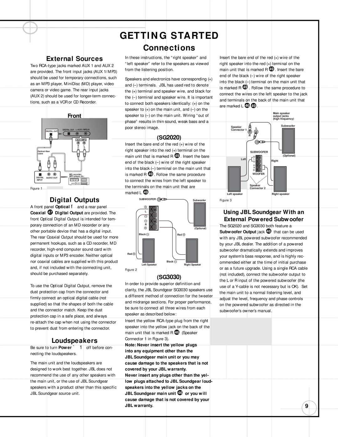 JBL SG2020, SG3030 manual External Sources, Digital Outputs, Loudspeakers, Terminals on the main unit that are, Marked L 