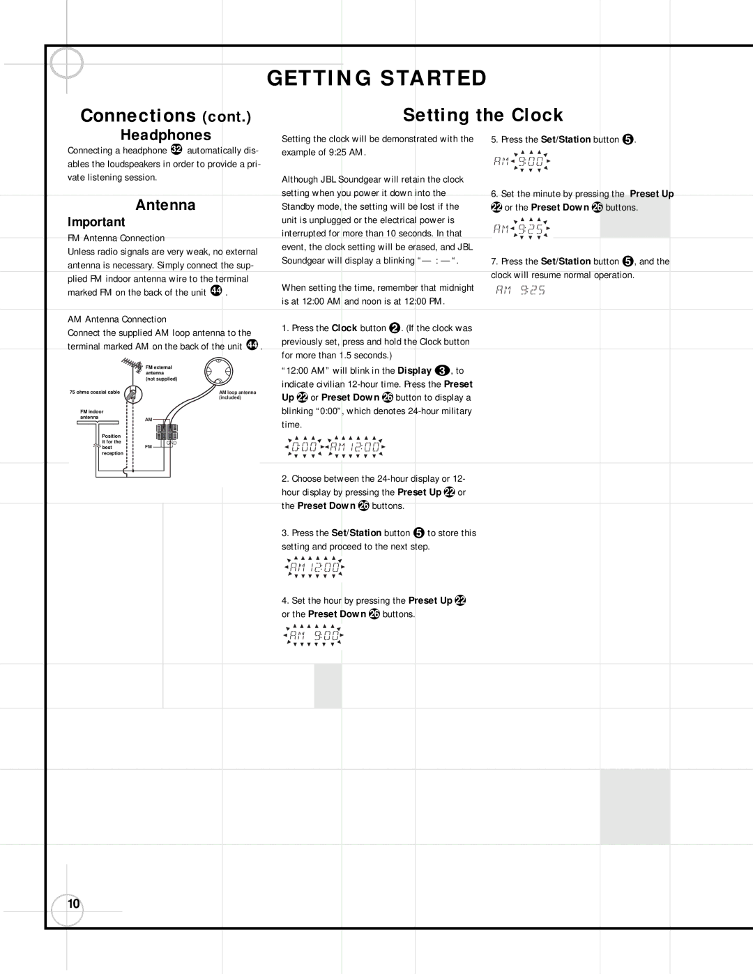 JBL SG3030, SG2020 manual Connections Setting the Clock, Headphones, Antenna 