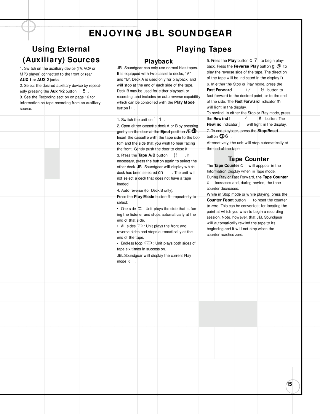 JBL SG2020, SG3030 manual Using External Playing Tapes Auxiliary Sources, Playback, Tape Counter, AUX 1 or AUX 2 jacks 