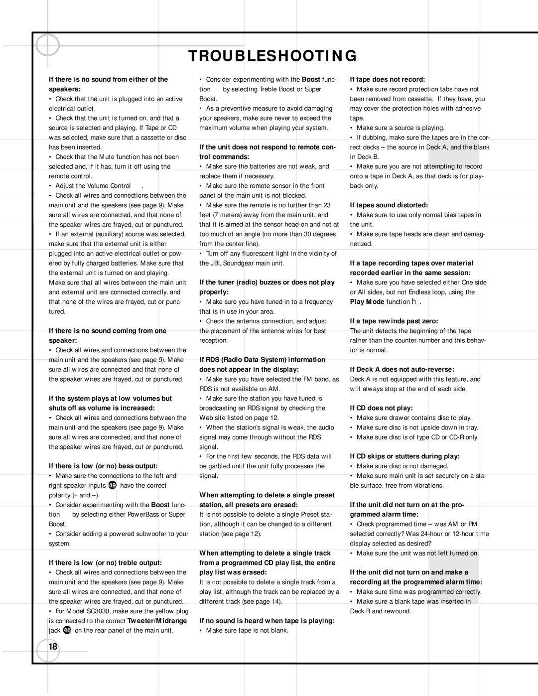 JBL SG3030, SG2020 manual Troubleshooting 