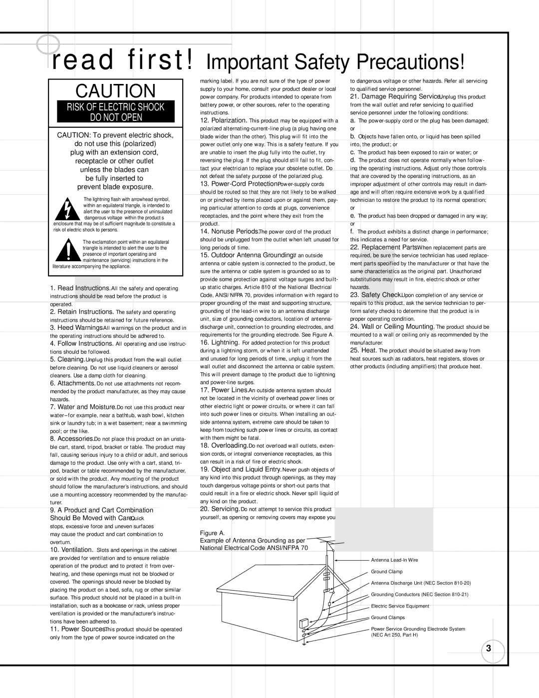 JBL SG2020, SG3030 manual Read first! Important Safety Precautions 