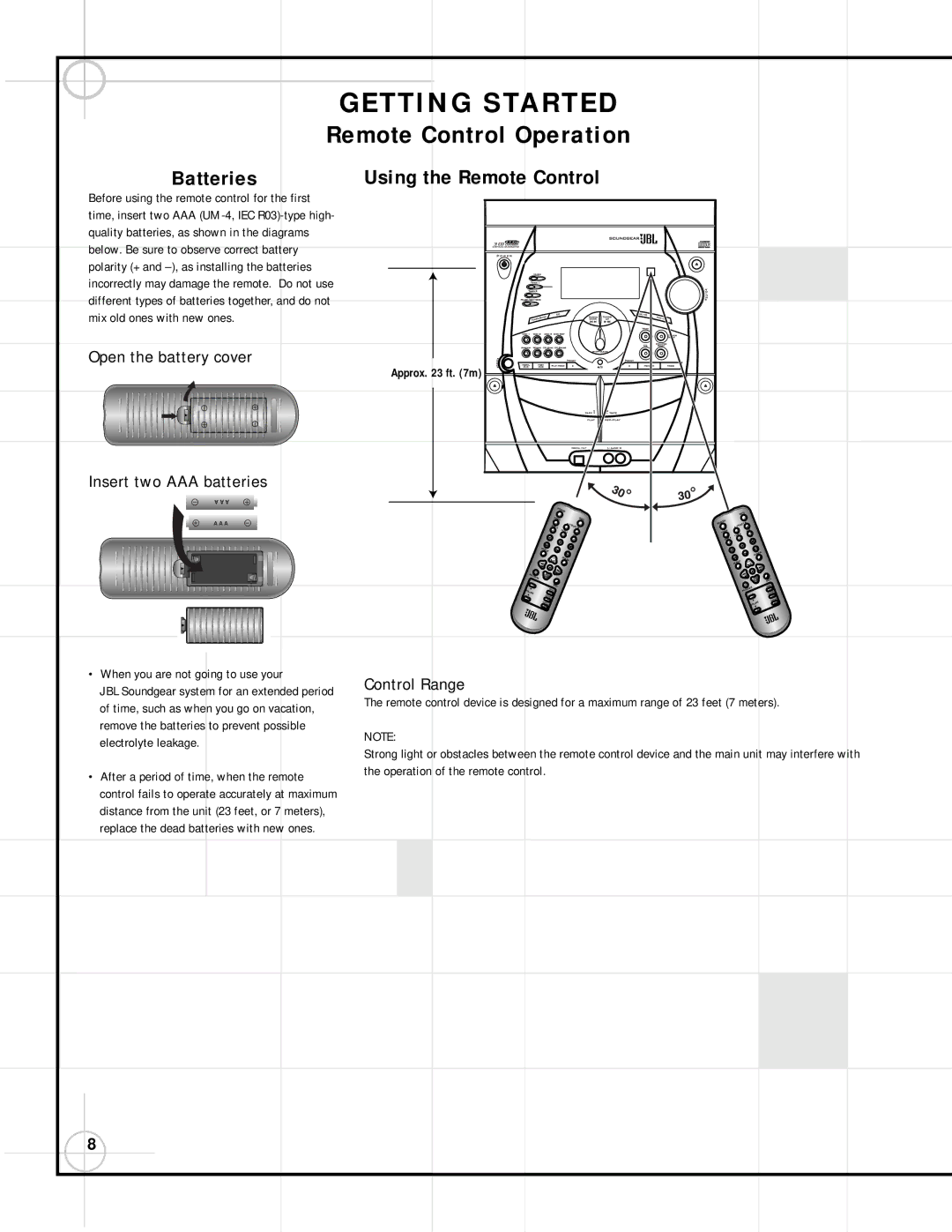 JBL SG3030, SG2020 manual Remote Control Operation, Batteries, Using the Remote Control, When you are not going to use your 