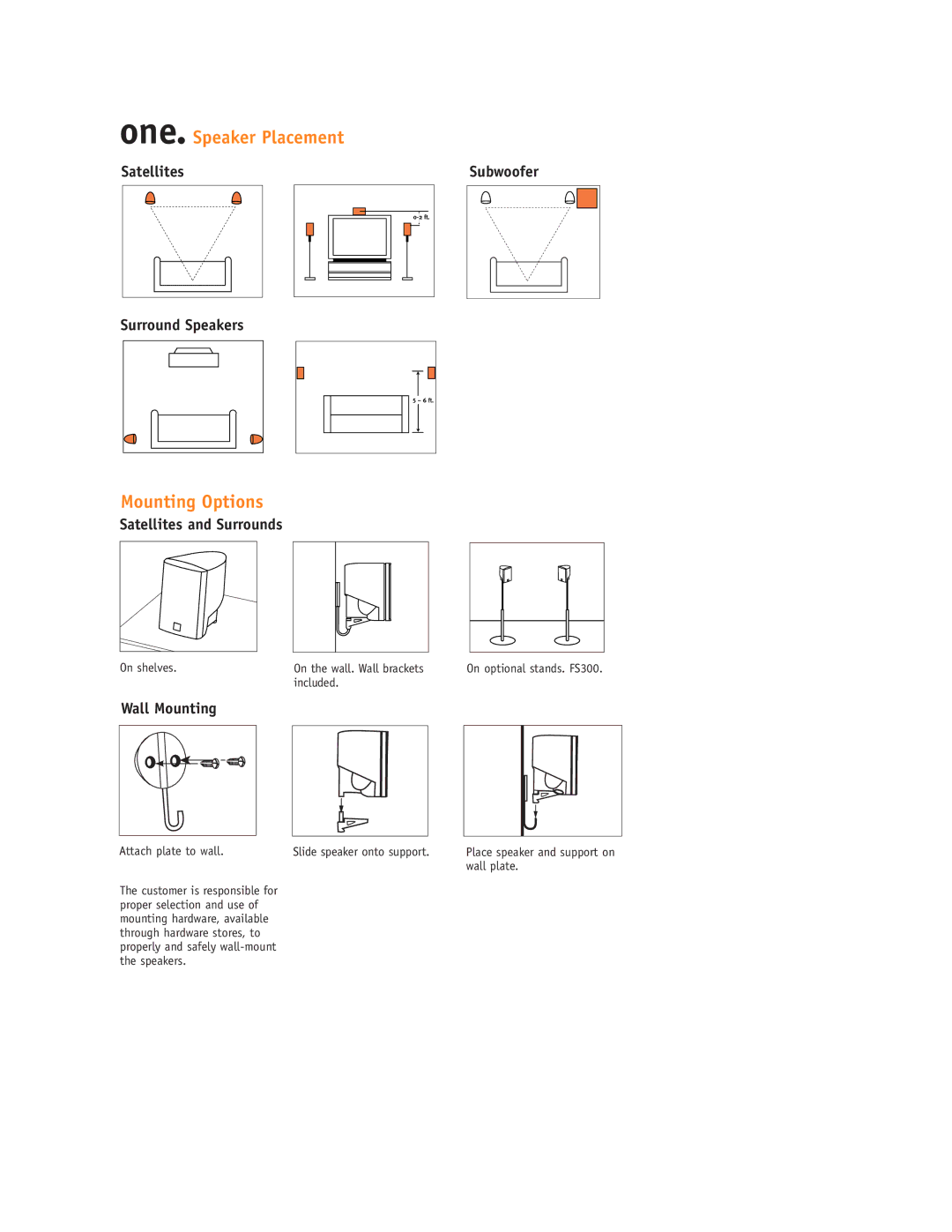 JBL Simply Cinema, SCS125 One. Speaker Placement, Mounting Options, Satellites Surround Speakers, Satellites and Surrounds 