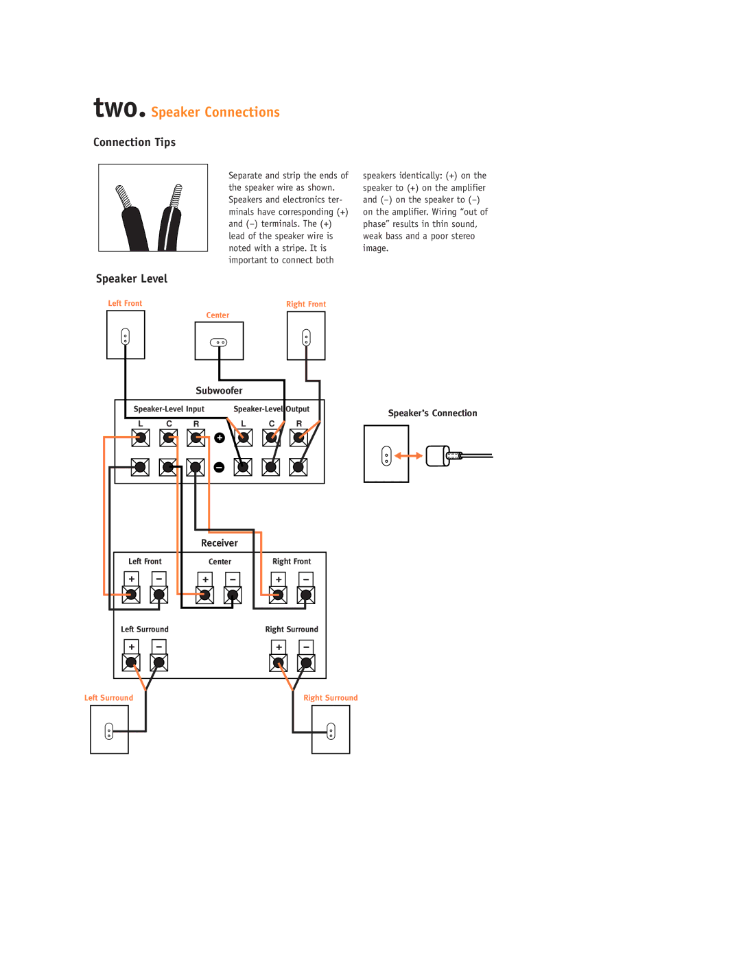 JBL SCS125, Simply Cinema setup guide Two. Speaker Connections, Connection Tips, Speaker Level 