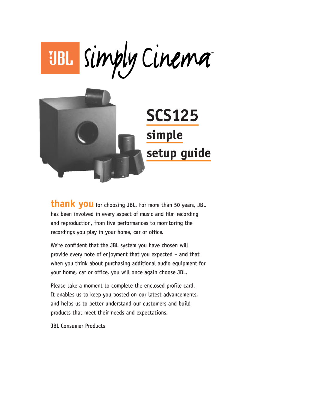 JBL SCS125, Simply Cinema setup guide simple setup guide 