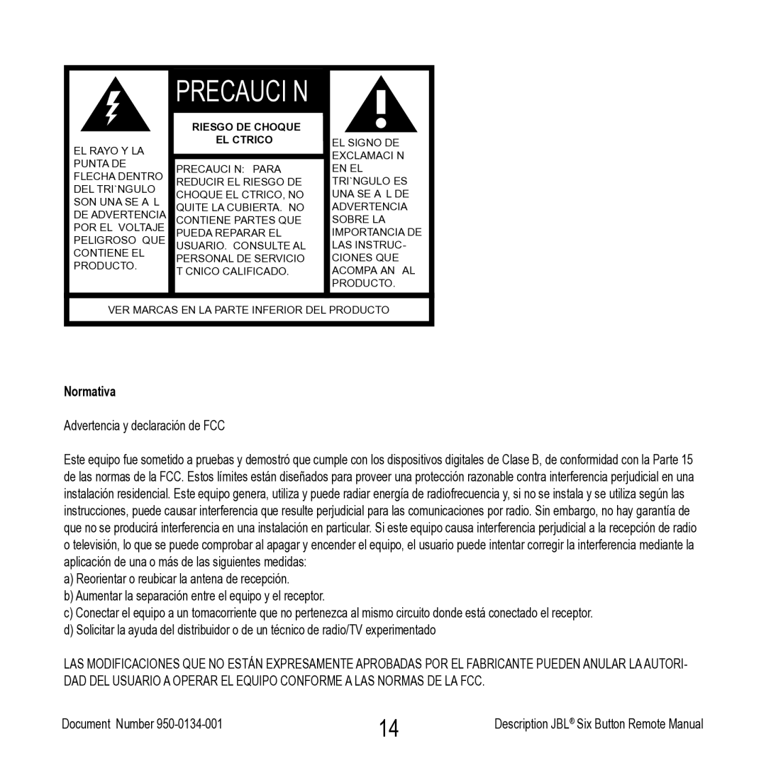 JBL Six Button Remote manual Normativa, Advertencia y declaración de FCC 