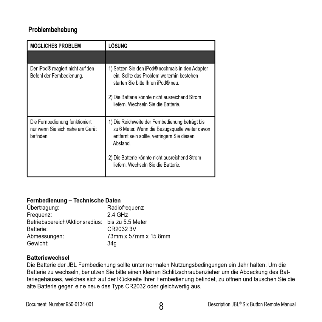 JBL Six Button Remote manual Problembehebung, Fernbedienung Technische Daten, Batteriewechsel 