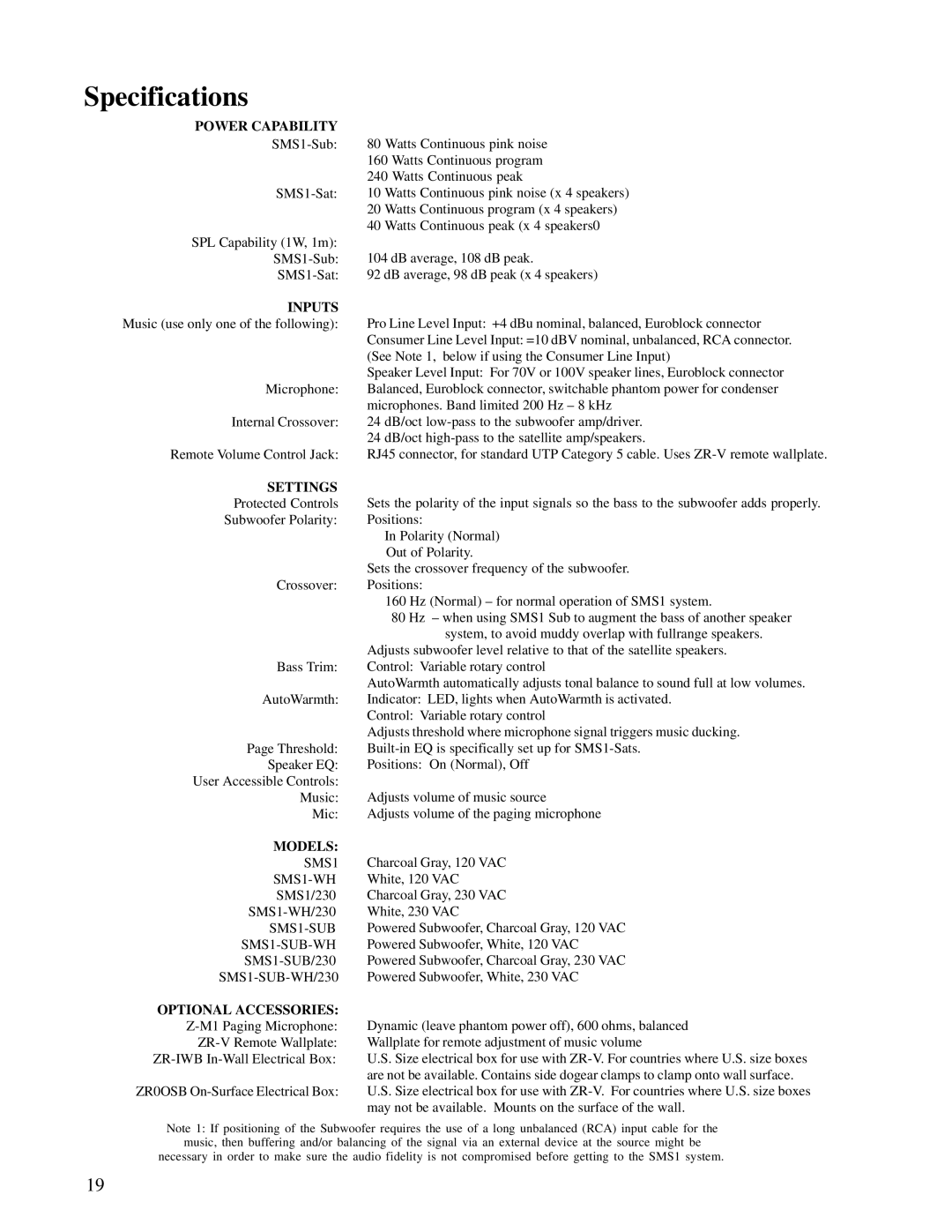 JBL SMS1 owner manual Specifications, Power Capability 