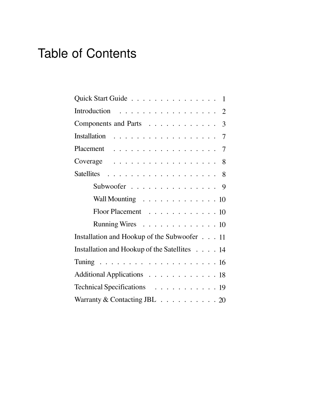 JBL SMS1 owner manual Table of Contents 