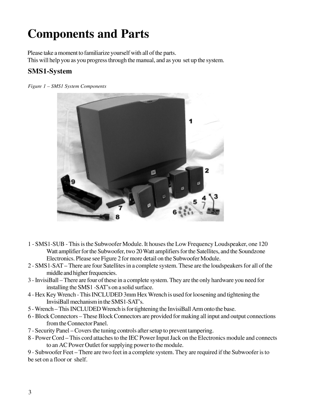 JBL owner manual Components and Parts, SMS1-System 