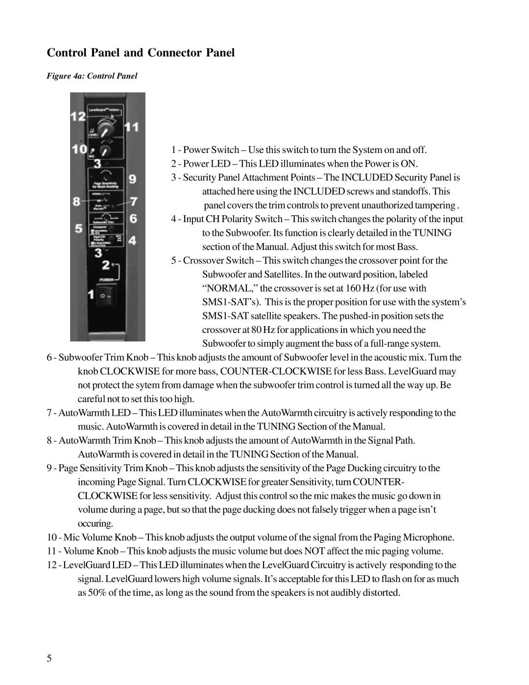 JBL SMS1 owner manual Control Panel and Connector Panel 