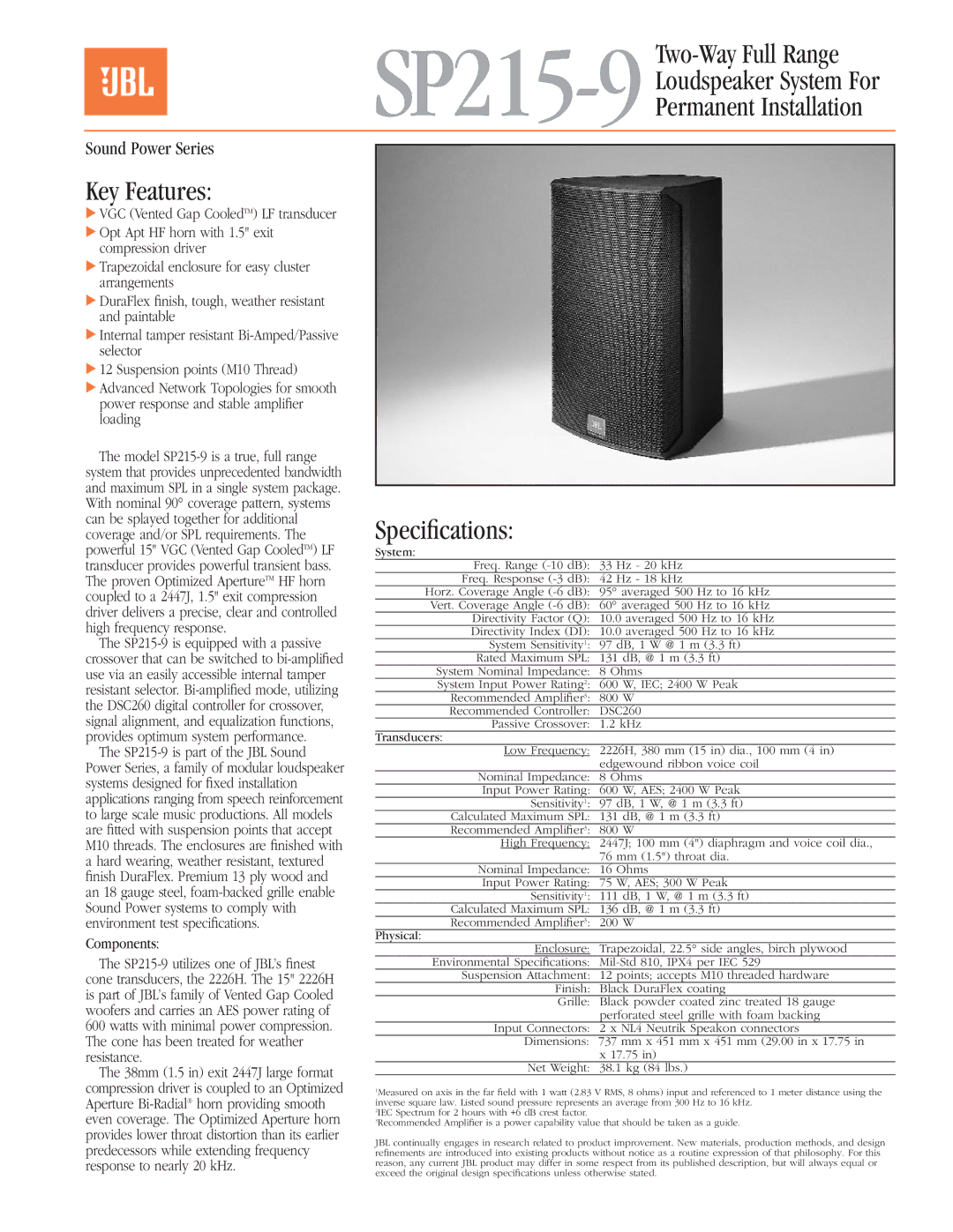 JBL SP215-9 specifications Loudspeaker System For Permanent Installation, Key Features, Speciﬁcations 