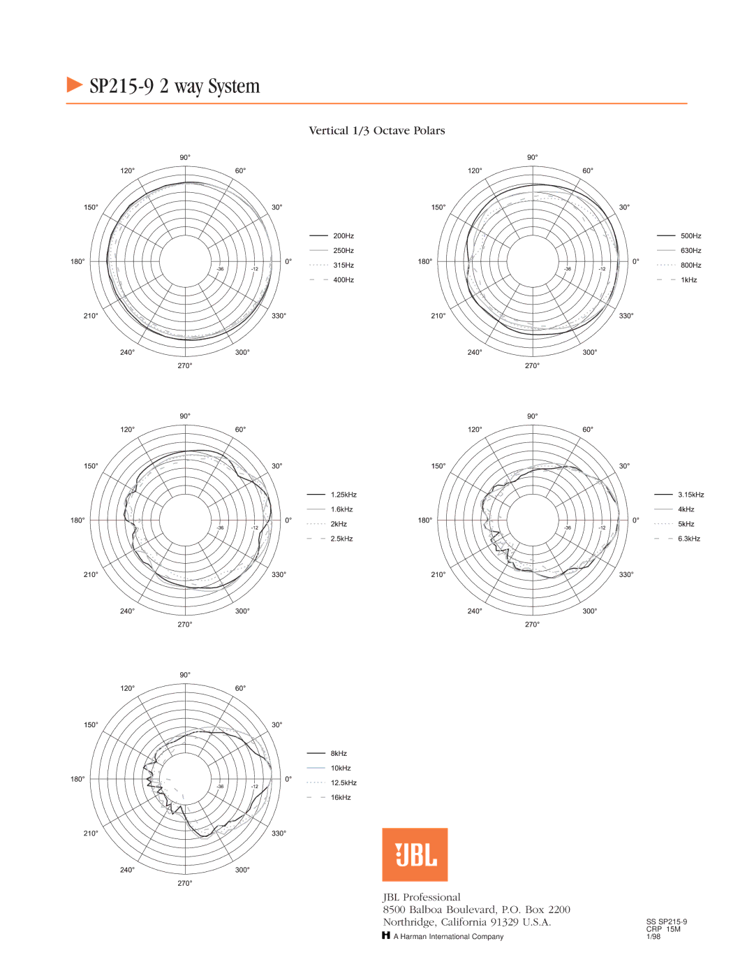 JBL SP215-9 specifications Vertical 1/3 Octave Polars 