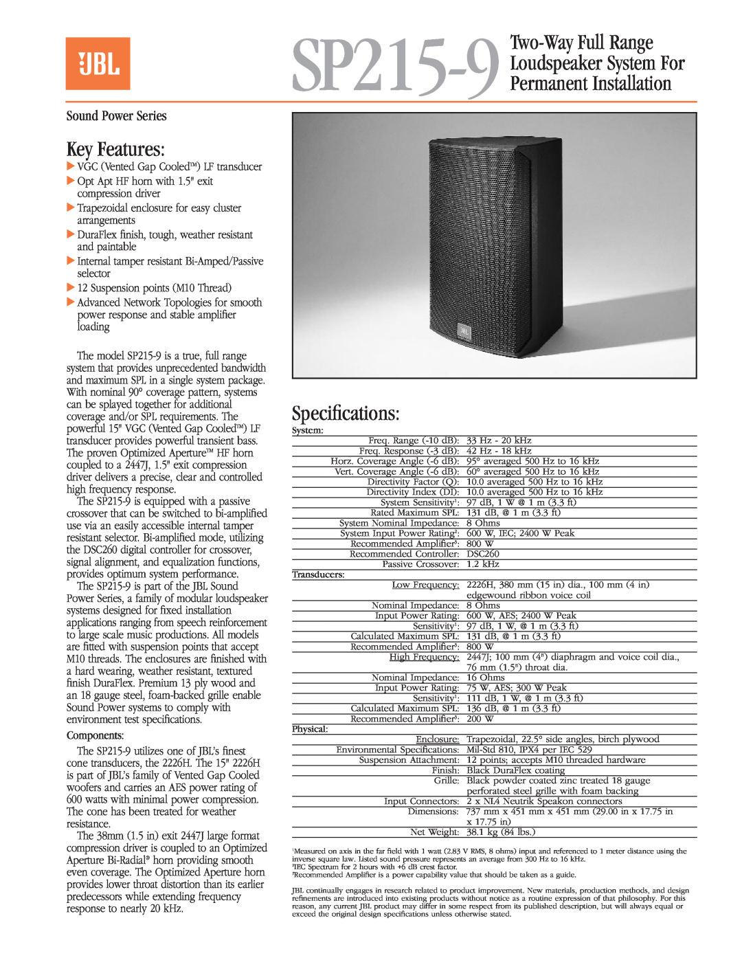 JBL SP215-9 specifications Loudspeaker System For Permanent Installation, Key Features, Speciﬁcations, Sound Power Series 