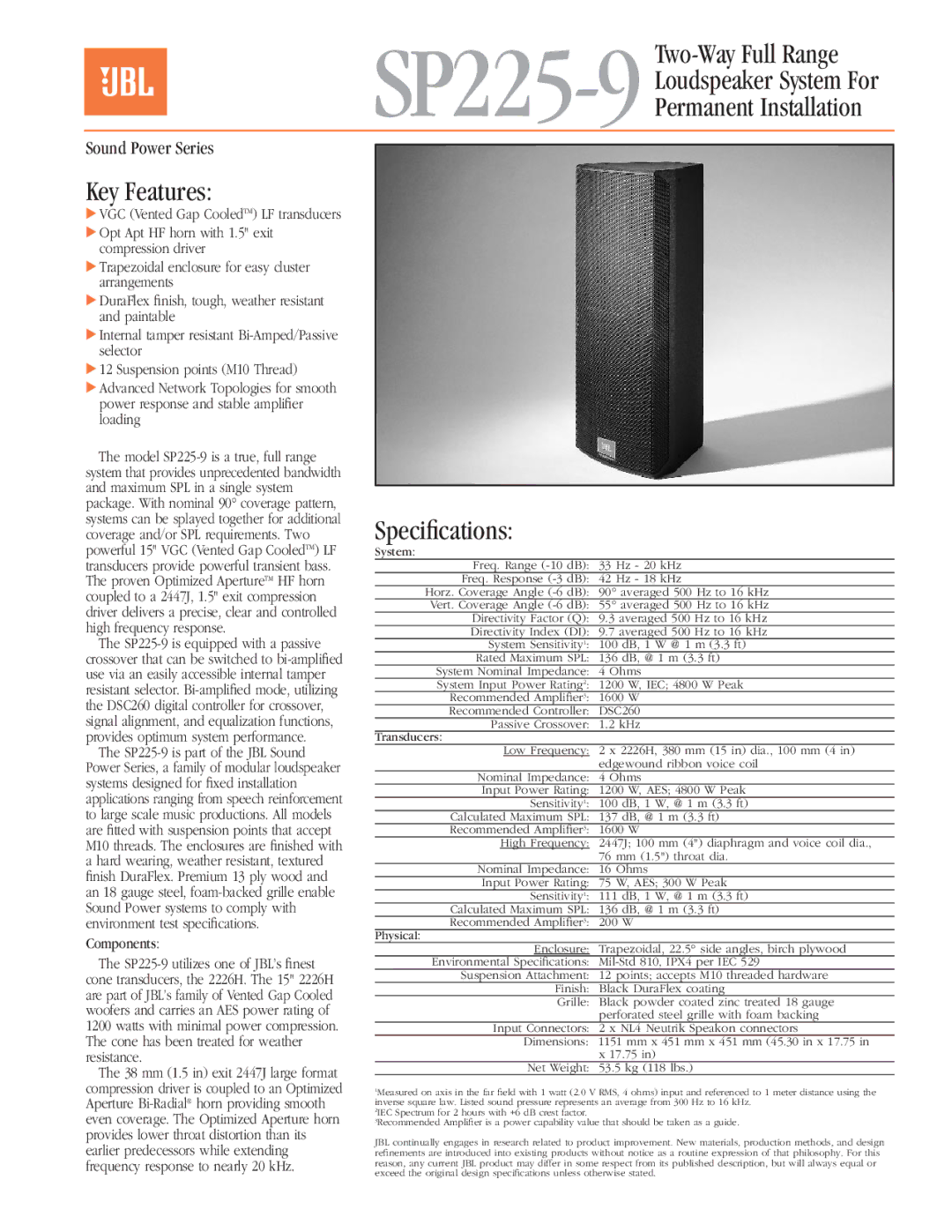 JBL SP225-9 specifications Loudspeaker System For Permanent Installation, Key Features, Speciﬁcations 