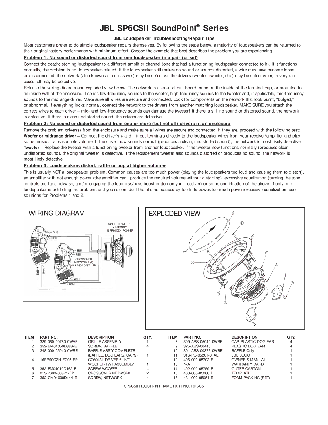 JBL owner manual JBL SP6CSII SoundPoint Series, Exploded View, JBL Loudspeaker Troubleshooting/Repair Tips 