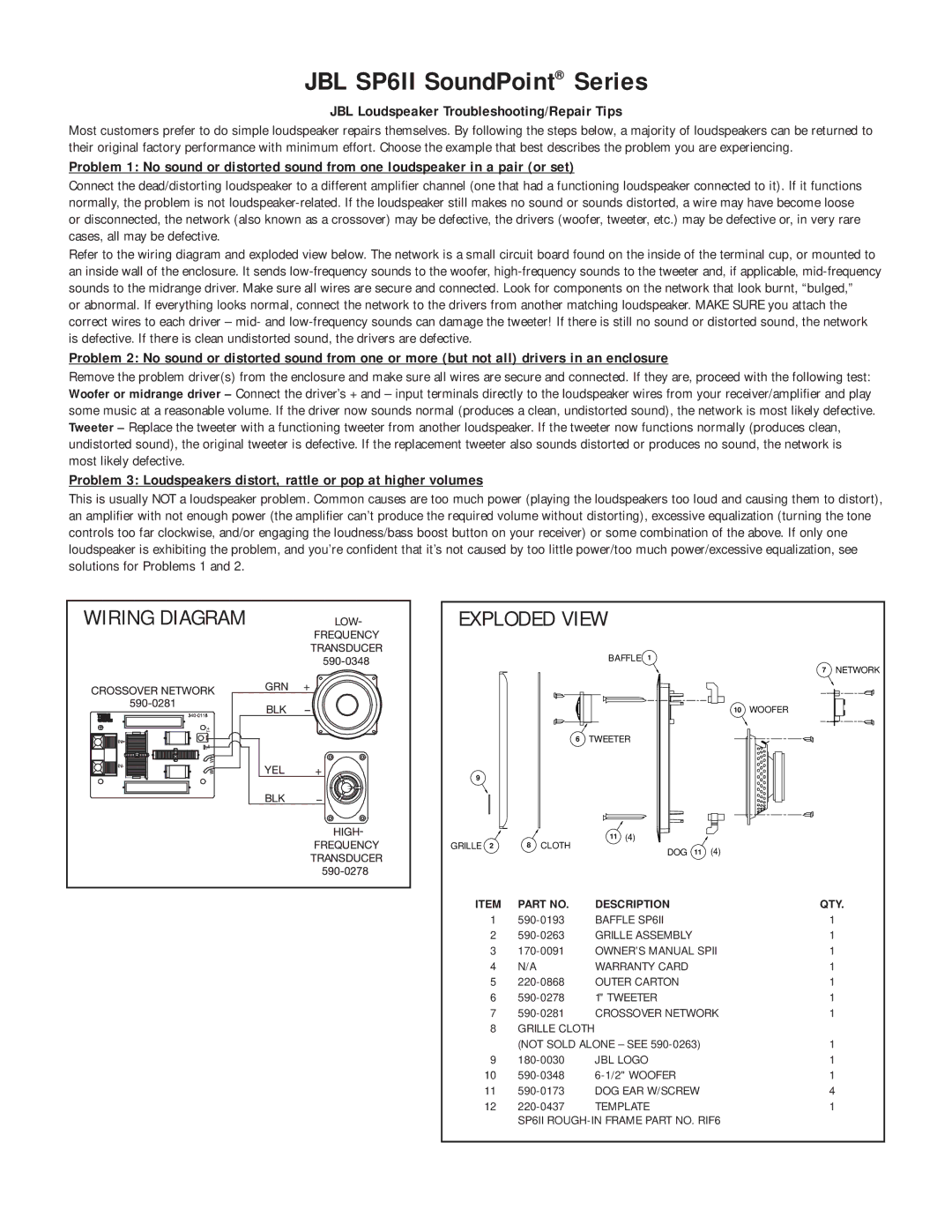 JBL owner manual JBL SP6II SoundPoint Series, Exploded View, JBL Loudspeaker Troubleshooting/Repair Tips 