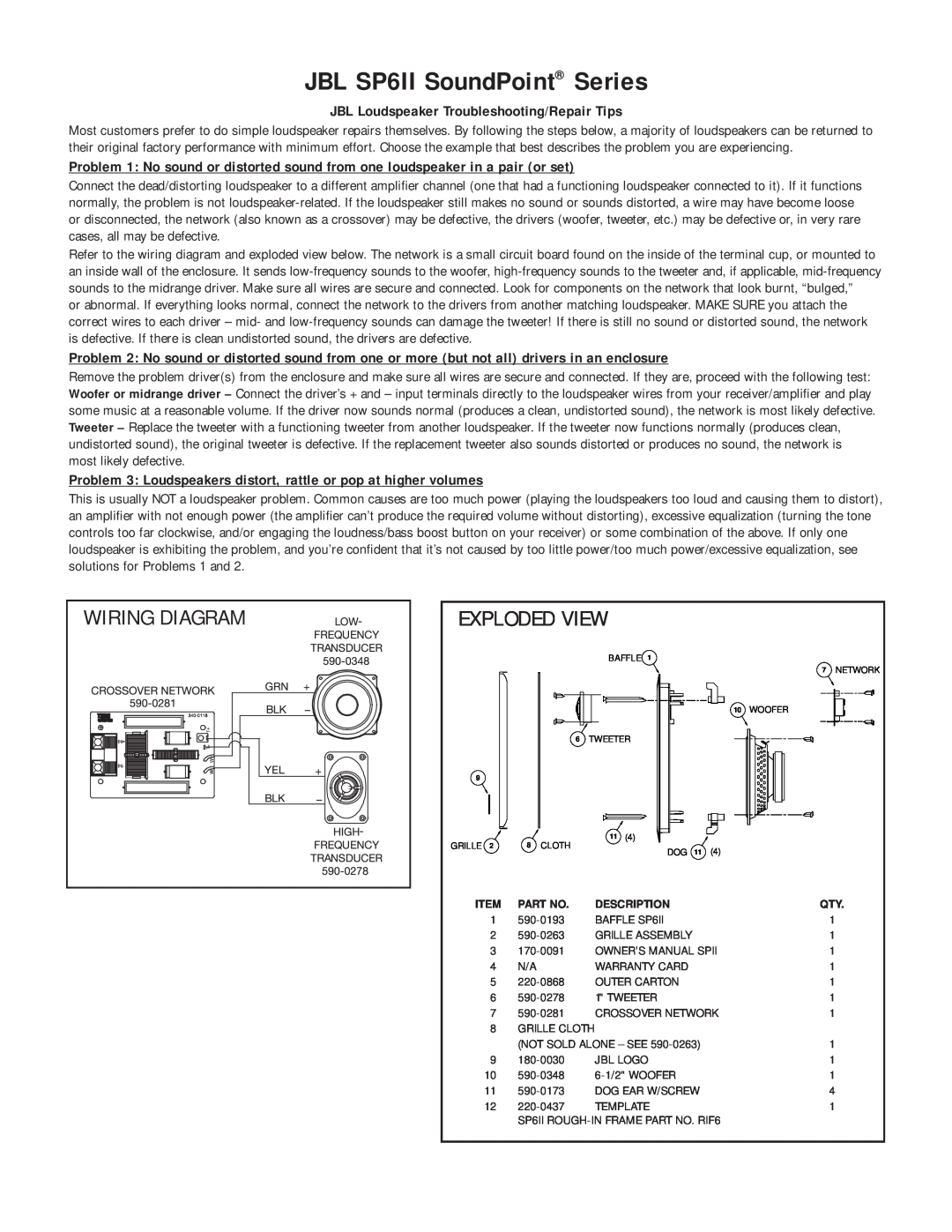 JBL owner manual JBL SP6II SoundPoint Series, Exploded View, Wiring Diagram 