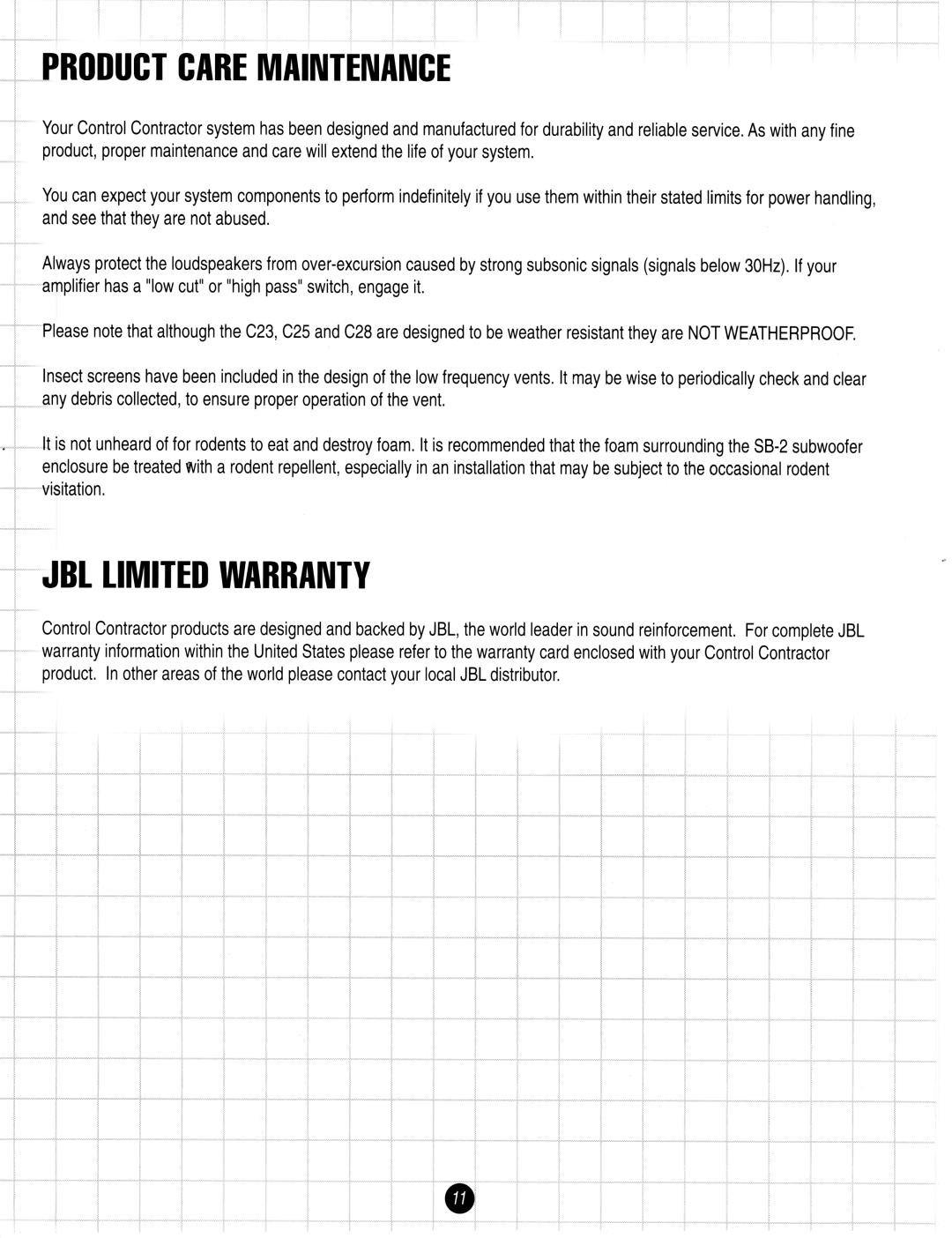 JBL Speaker System manual Roduct Care Maintenance, Jbl Limited Warranty 