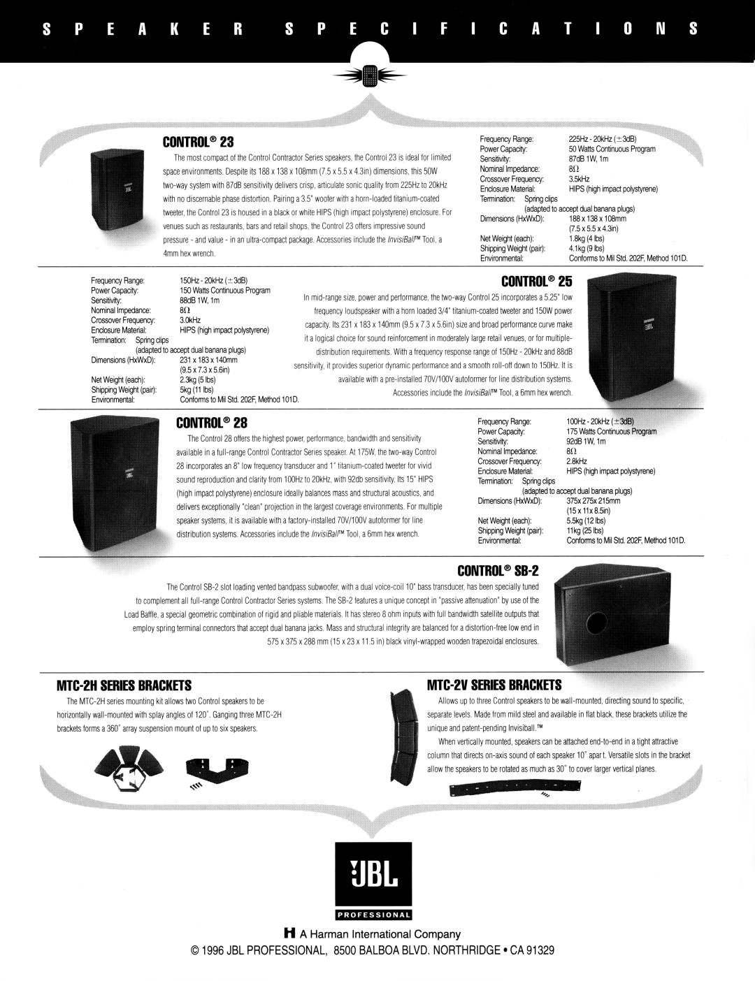 JBL Speaker System manual CONTROL@23, CONTROL@25, CONTROL@28, CONTROL@SB-2, H A Harman International Company 