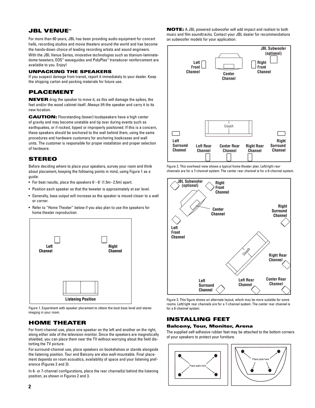 JBL Speakers manual JBL Venue, Placement, Stereo, Home Theater, Installing Feet 