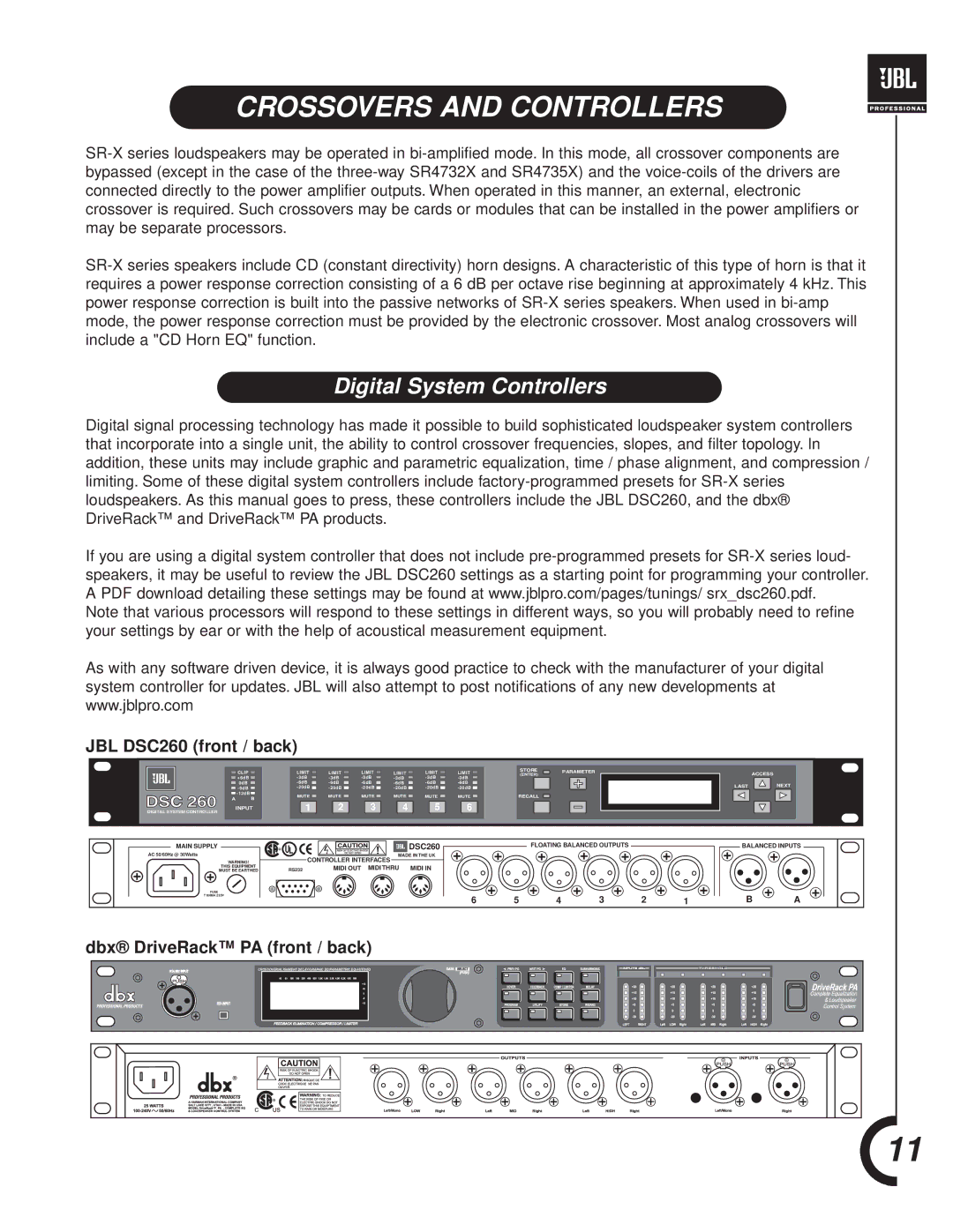 JBL SR-X Series manual Crossovers and Controllers, Digital System Controllers 