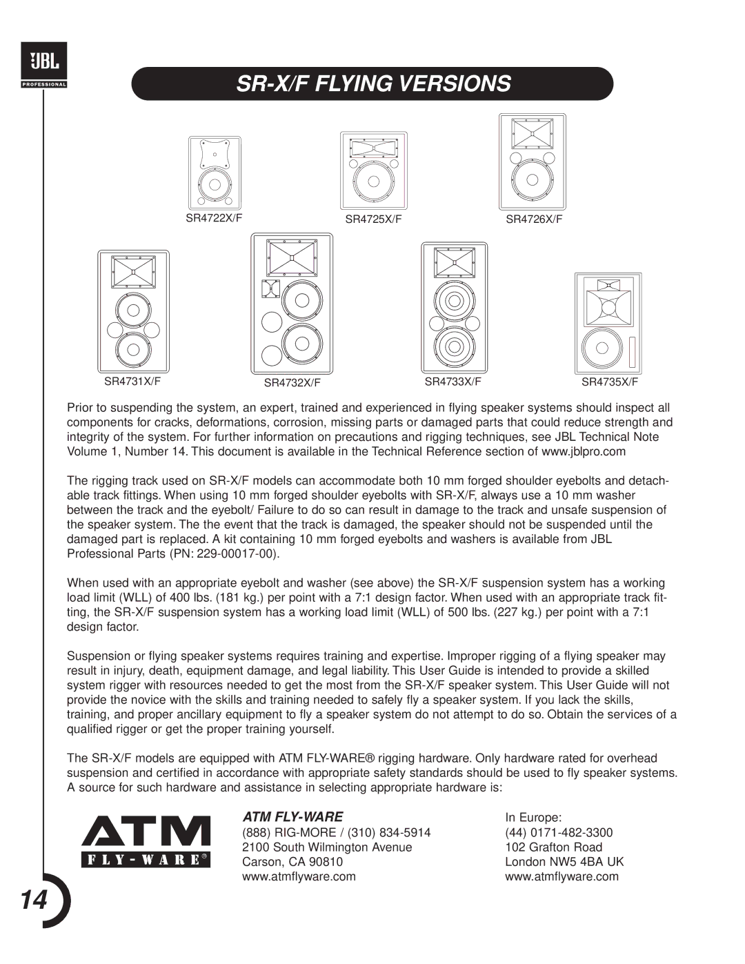 JBL SR-X Series manual SR-X/F Flying Versions 