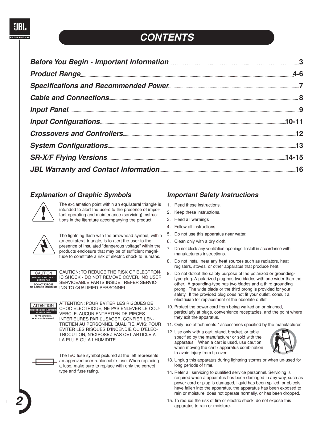 JBL SR-X Series manual Contents 