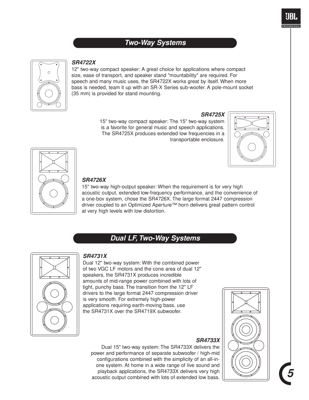 JBL SR-X Series manual Dual LF, Two-Way Systems 