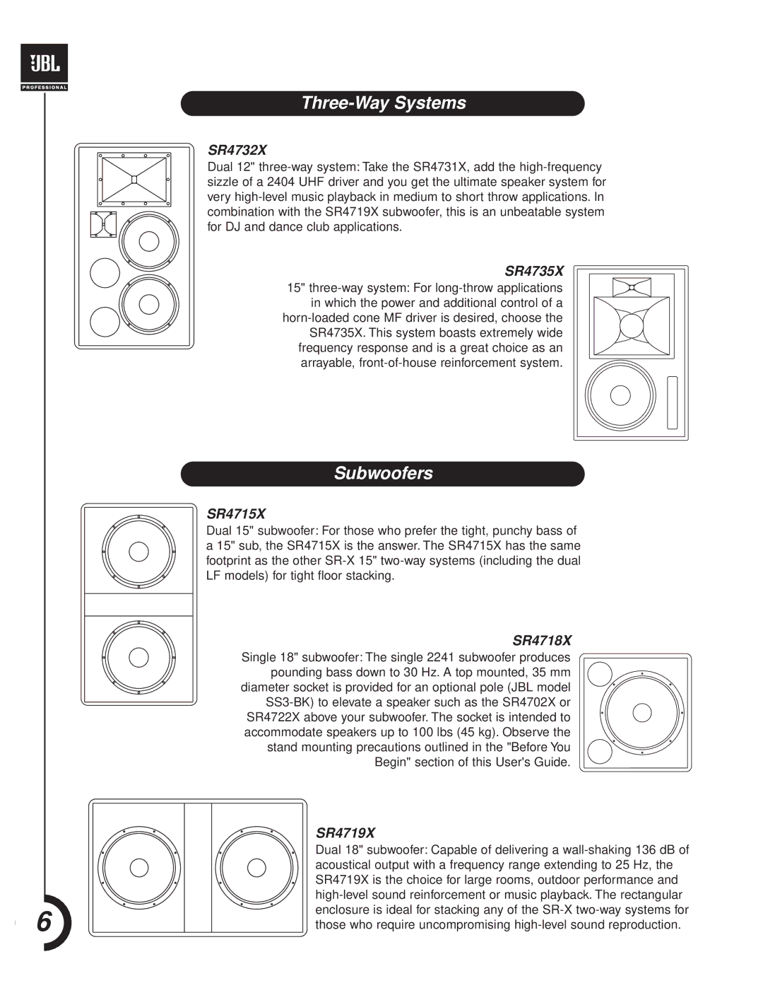 JBL SR-X Series manual Three-Way Systems, Subwoofers 