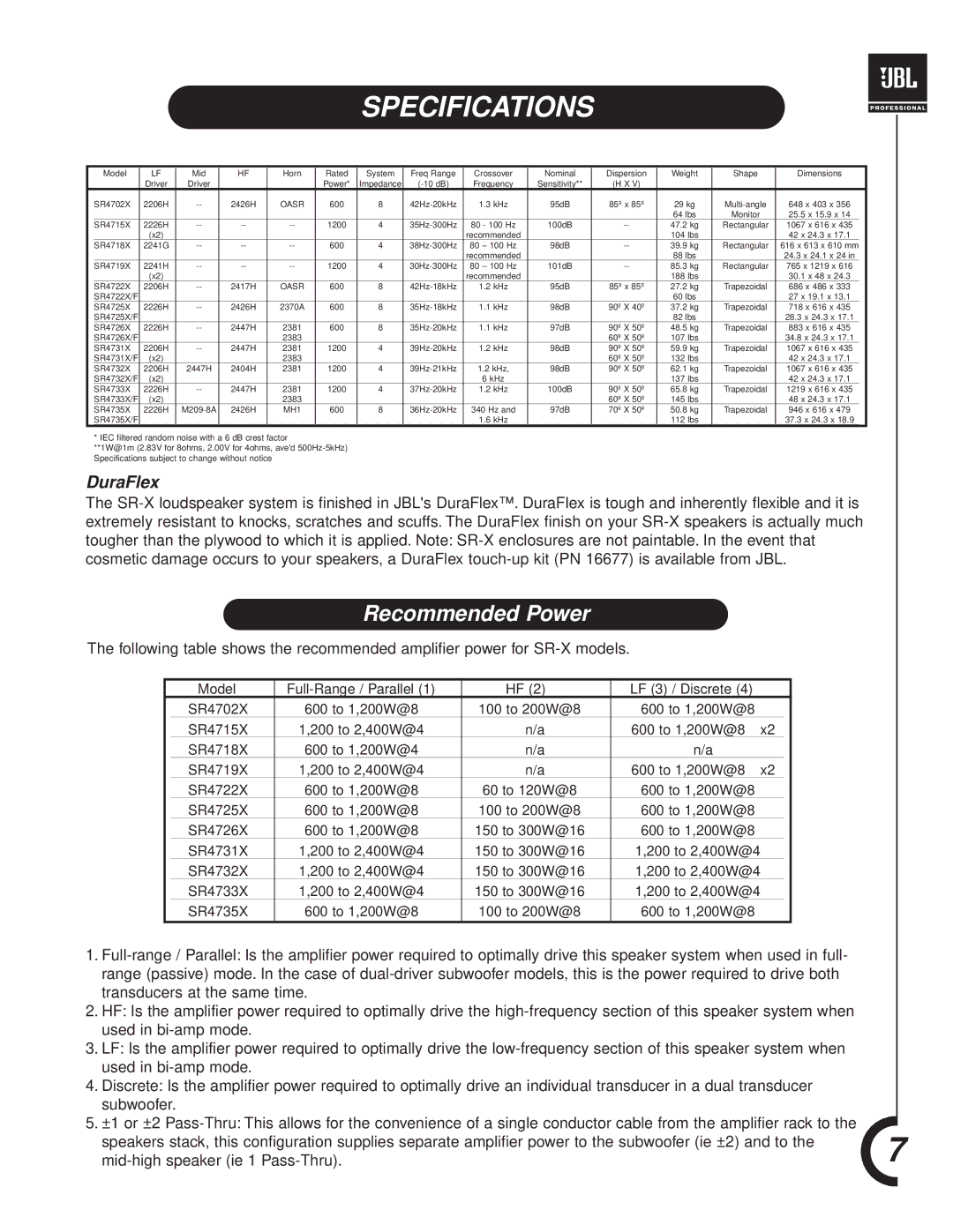 JBL SR-X Series manual Specifications, Recommended Power, DuraFlex 