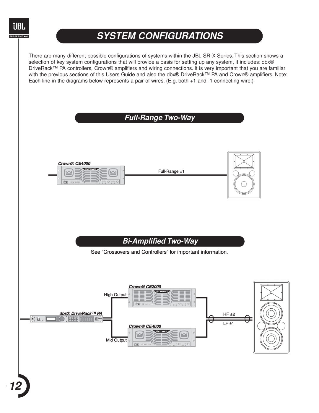 JBL SR-X Series manual System Configurations, Full-Range Two-Way, Bi-Amplified Two-Way 