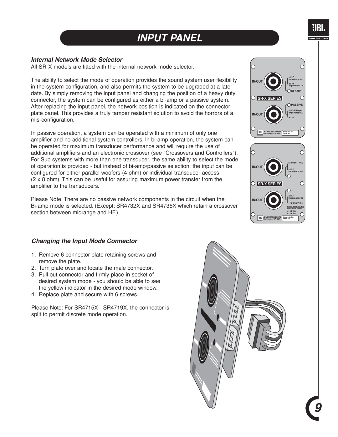 JBL SR-X Series manual Input Panel, Internal Network Mode Selector, Changing the Input Mode Connector 