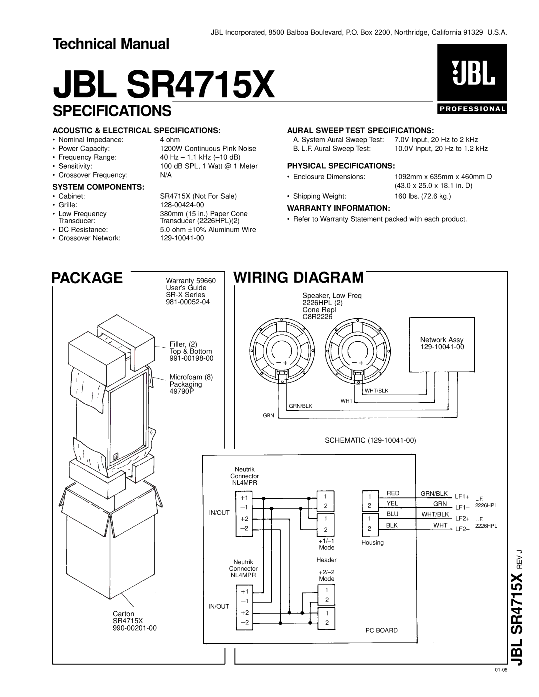 JBL technical manual Specifications, Package, JBL SR4715X REV J 