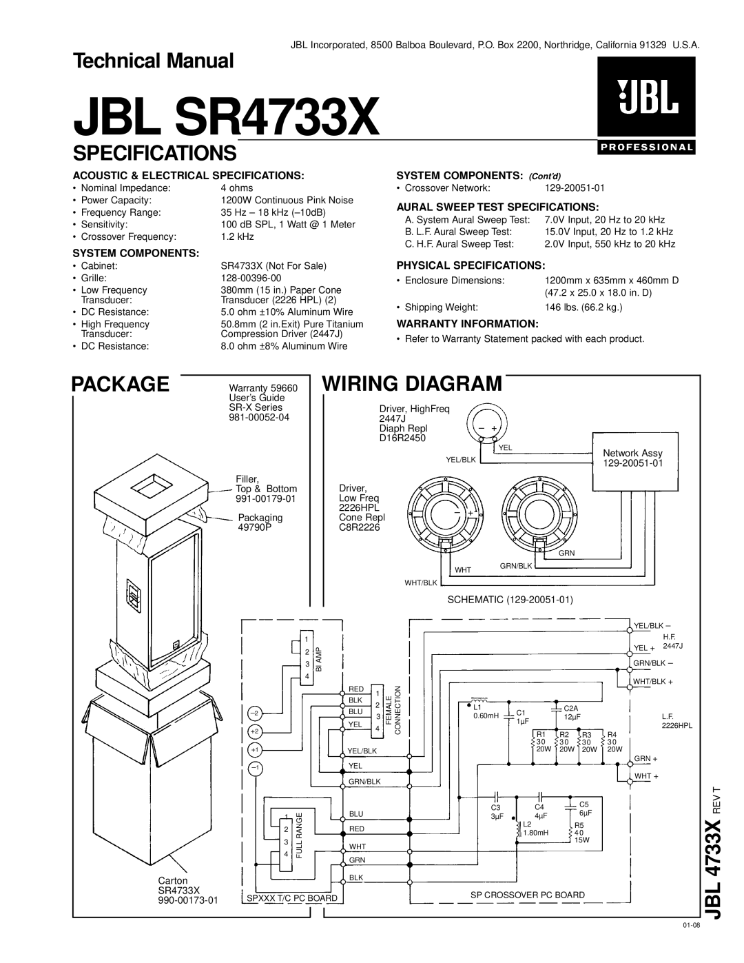 JBL SR4733X technical manual Specifications, Package, Wiring Diagram 