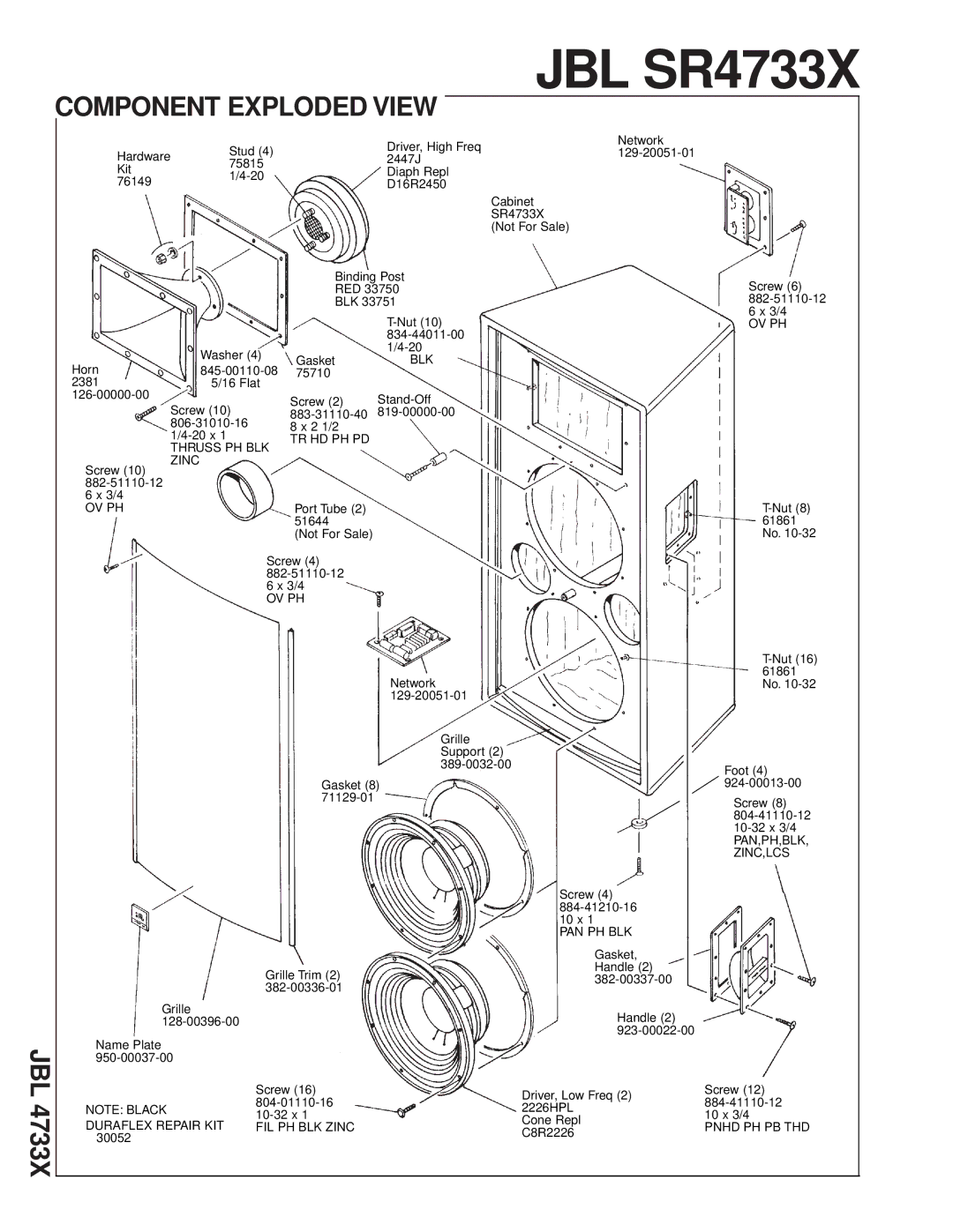 JBL SR4733X technical manual TR HD PH PD Thruss PH BLK Zinc, Ov Ph, Pan Ph Blk, Zinc,Lcs, Duraflex Repair KIT 