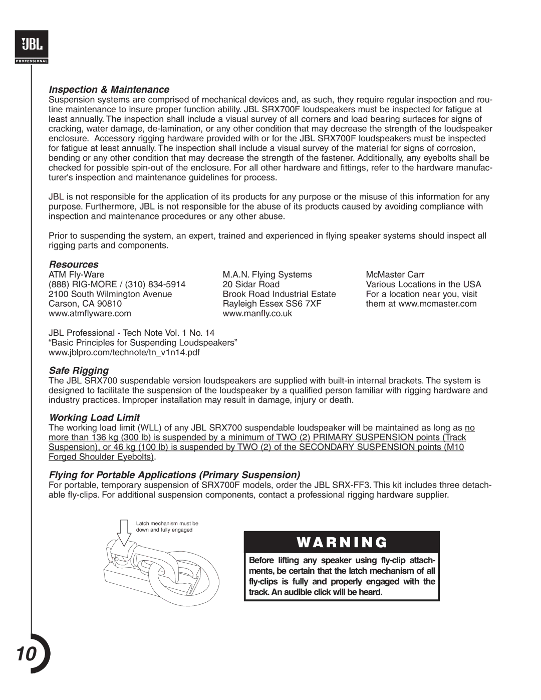 JBL SRX700 manual Inspection & Maintenance, Resources, Safe Rigging, Working Load Limit 