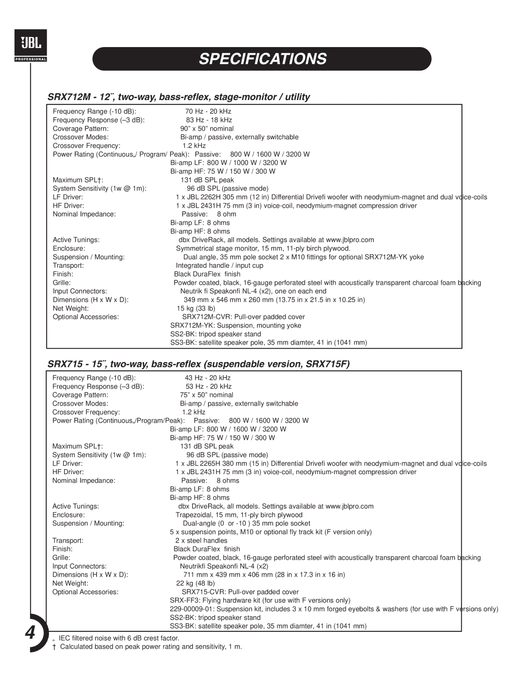JBL SRX700 manual Specifications, SRX712M 12¨, two-way, bass-reflex, stage-monitor / utility 