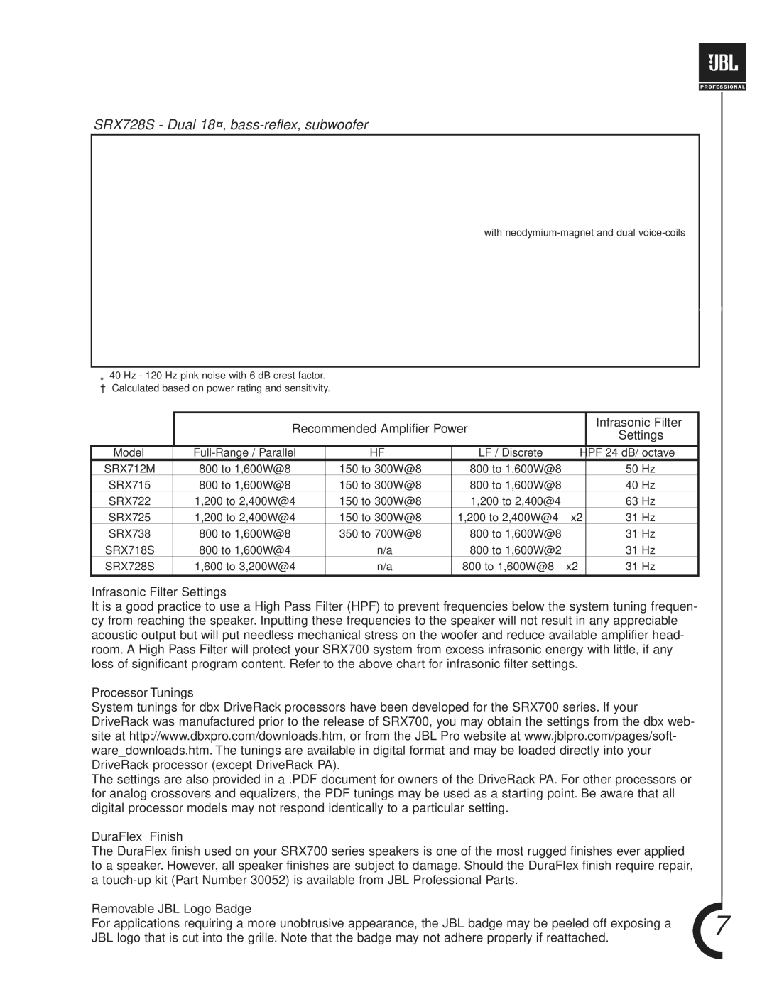 JBL SRX700 manual SRX728S Dual 18¨, bass-reflex, subwoofer, Recommended Amplifier Power Infrasonic Filter Settings 