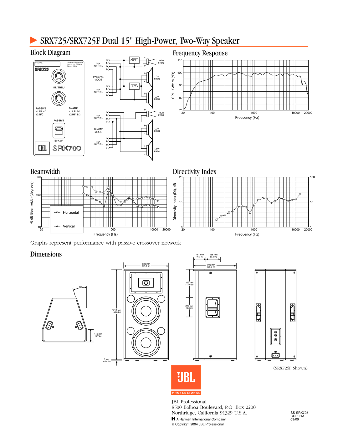 JBL SRX725/SRX725F Dual 15 High-Power, Two-Way Speaker, Block Diagram, Beamwidth Frequency Response Directivity Index 