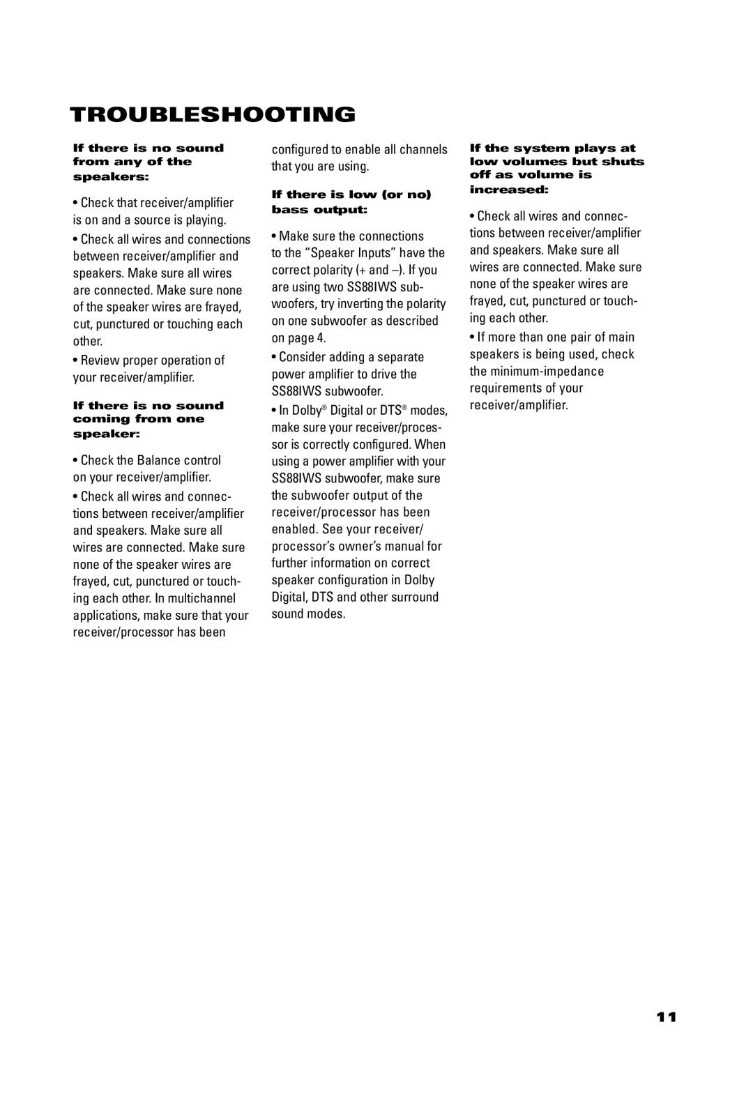 JBL SS88IWS manual Troubleshooting, Configured to enable all channels that you are using, Make sure the connections 