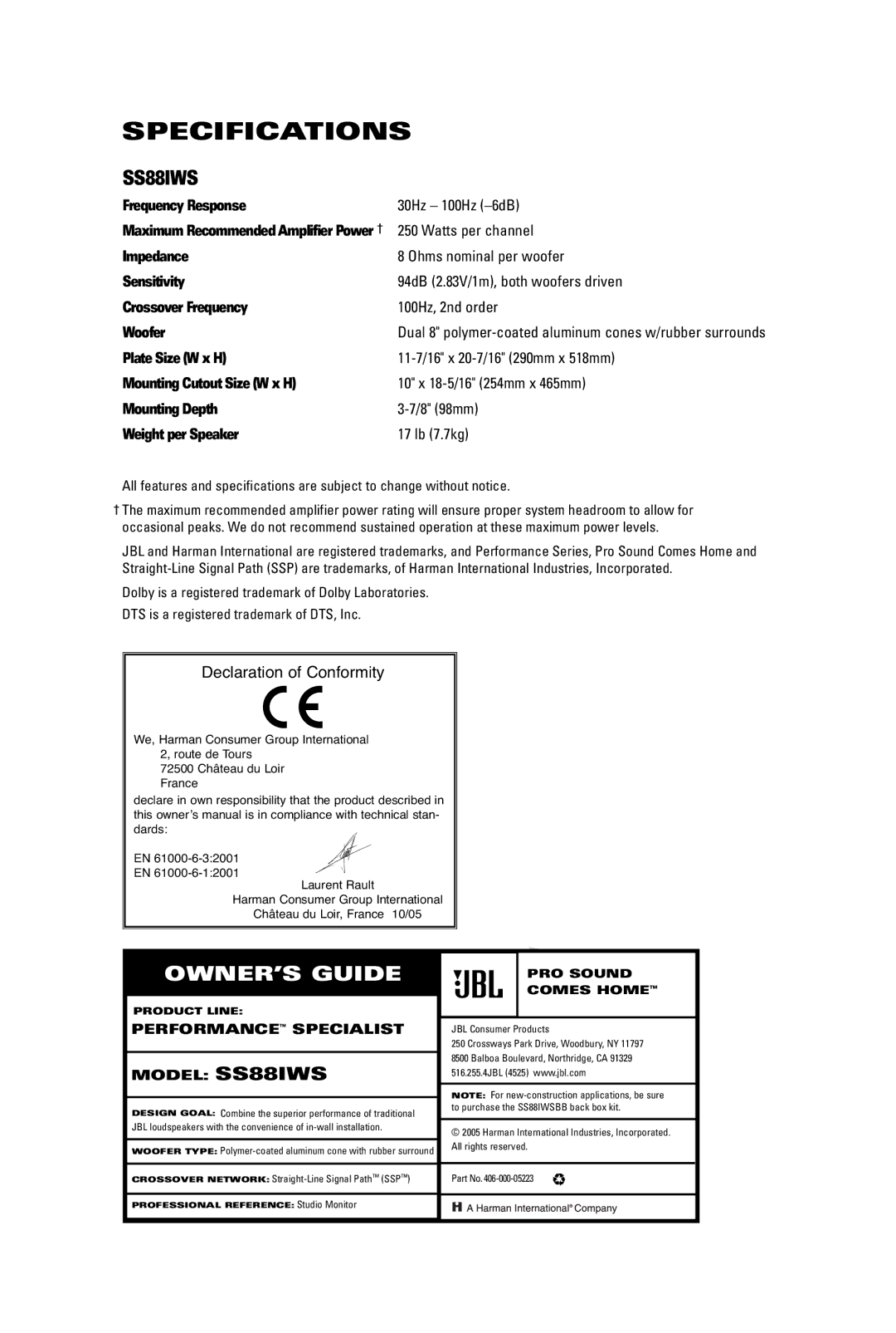 JBL SS88IWS manual Specifications 