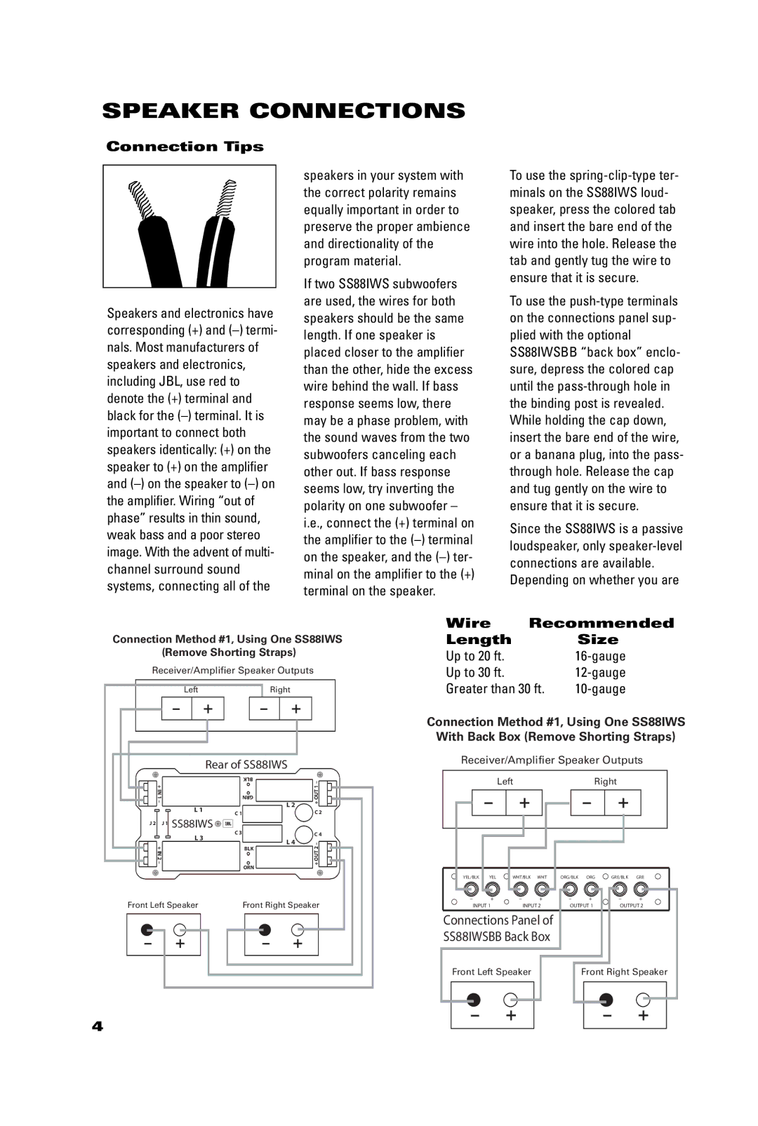 JBL SS88IWS manual Speaker Connections, Connection Tips, Wire Recommended Length Size 