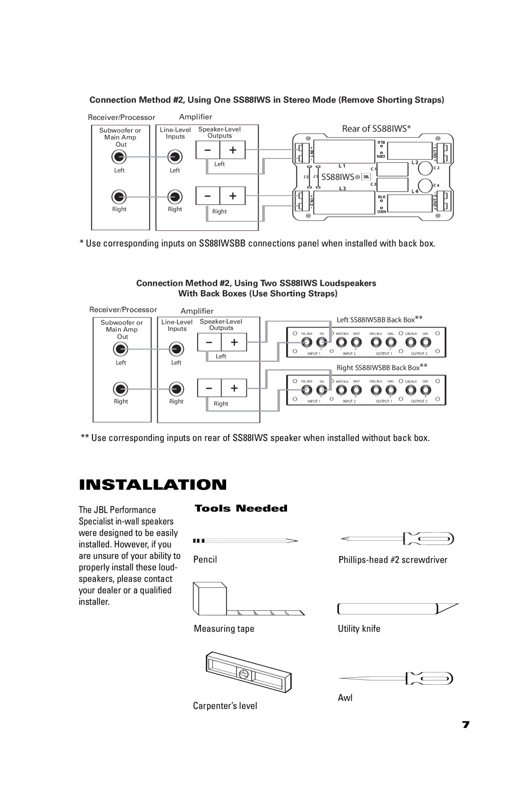 JBL SS88IWS manual Installation, Tools Needed 