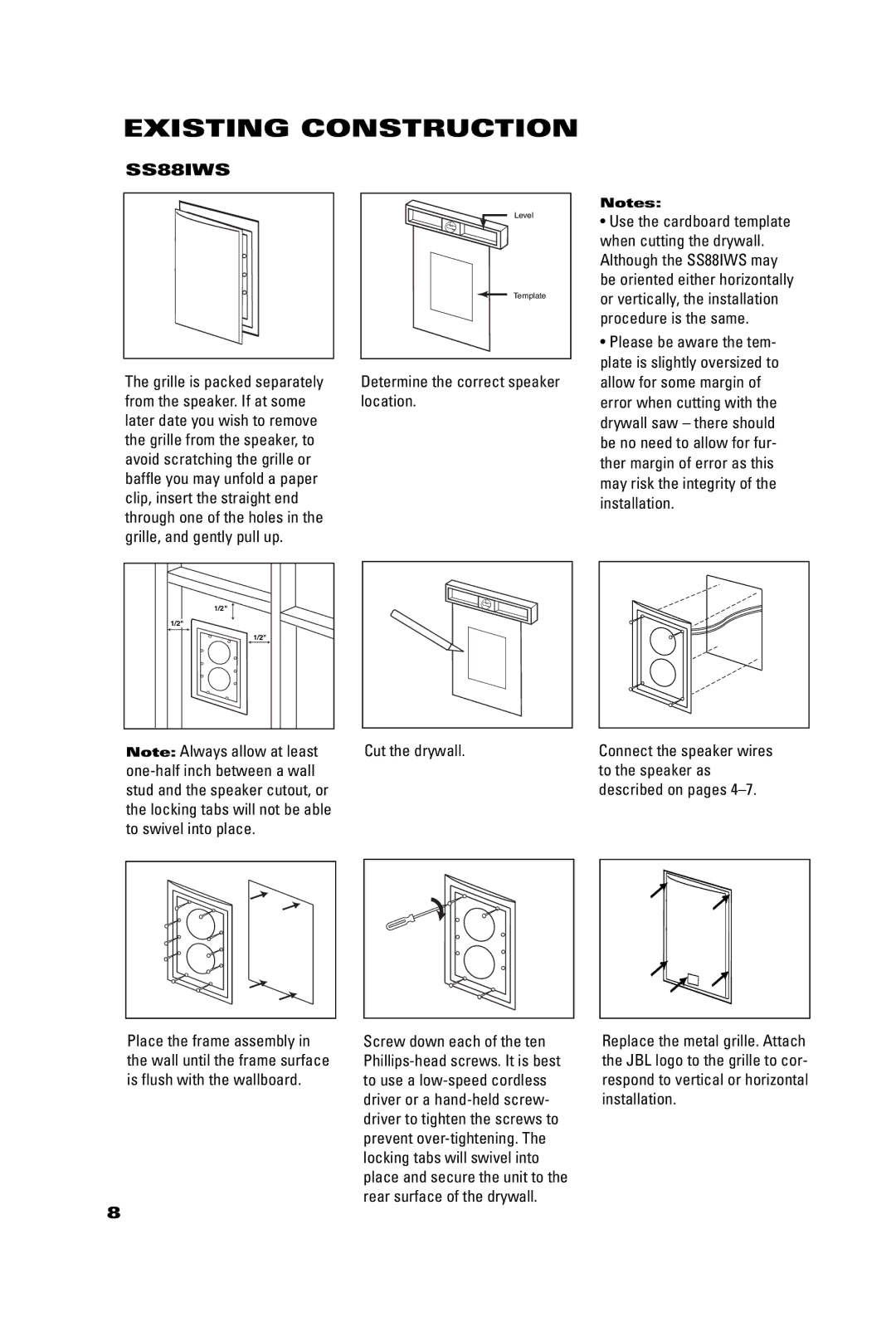 JBL SS88IWS manual Existing Construction 